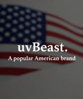 Blurred American flag with text 'uvBeast. A popular American brand'