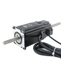 Front view of NEMA23 stepper motor with lead screw, black aluminum housing, silver mounting face, and attached cable.