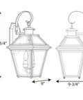 Dimensions diagram of Burlington Two Light Wall Lantern In Oil Rubbed Bronze Finish, showing height and width for outdoor use.