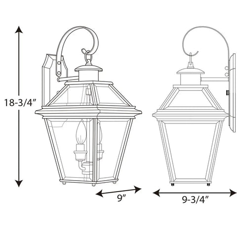 Dimensions diagram of Burlington Two Light Wall Lantern In Oil Rubbed Bronze Finish, showing height and width for outdoor use.