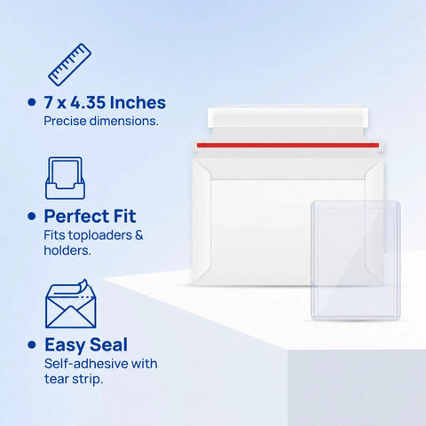 100 Pack Card Shipping Envelopes 7 By 4.35 Inches Self Adhesive Mailers For Trading Cards Fits Toploaders And Semi Rigid Holders Protective White Mailing Supplies image showing envelope size and features.