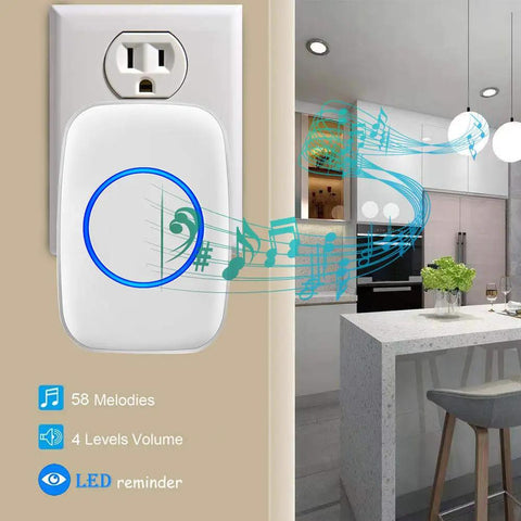 Long Range Wireless Doorbell Kit With One Button And Two Plug In Receivers, 60 Chimes, shown plugged into wall outlet in kitchen.