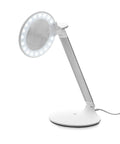 High Visibility Dimmable LED Magnifying Desk Lamp With 2X Lens 5 Dioptre Bright Daylight LEDs Perfect For Sewing Embroidery Crafts Beading And Pro Grade Fine Detail Work, white lamp with lens and LED lights on adjustable arm