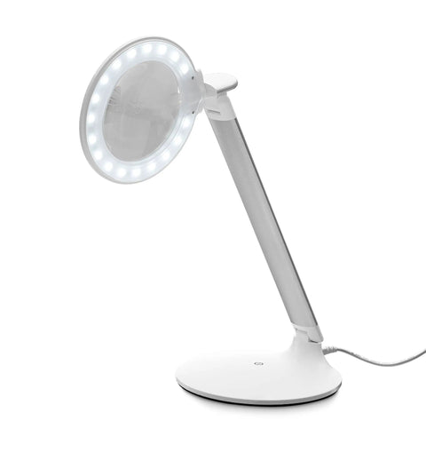High Visibility Dimmable LED Magnifying Desk Lamp With 2X Lens 5 Dioptre Bright Daylight LEDs Perfect For Sewing Embroidery Crafts Beading And Pro Grade Fine Detail Work, white lamp with lens and LED lights on adjustable arm