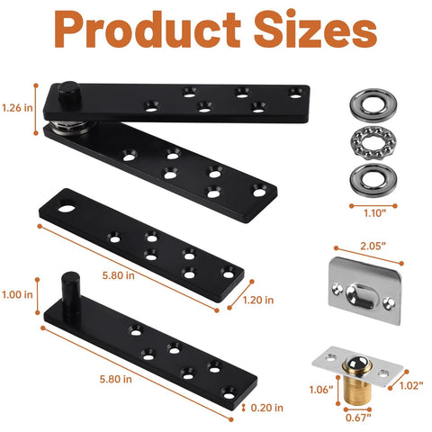 Hidden Pivot Hinge Kit For Secret Bookcase Doors With Smooth 360 Degree Rotation Heavy Duty Hardware Supports Up To 330 Lb Two Pack Black Stainless Steel components with dimensions.