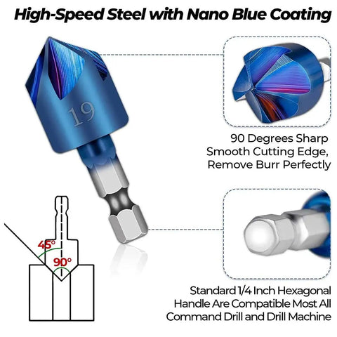 Close-up of Six Piece Countersink Drill Bit Set With Quarter Inch Hex Shank And Ninety Degree Chamfering Tip showing sharp cutting edge.