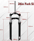 Fat Tire MTB Front Suspension Fork 26 Inch, 100mm Travel, 135mm Spacing, 9mm QR, 1 1/8 Straight Steerer dimensions on display