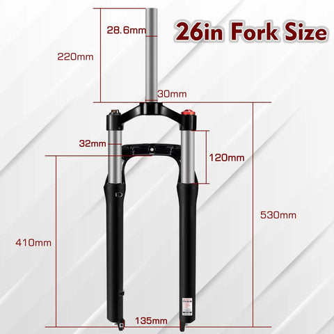 Fat Tire MTB Front Suspension Fork 26 Inch, 100mm Travel, 135mm Spacing, 9mm QR, 1 1/8 Straight Steerer dimensions on display