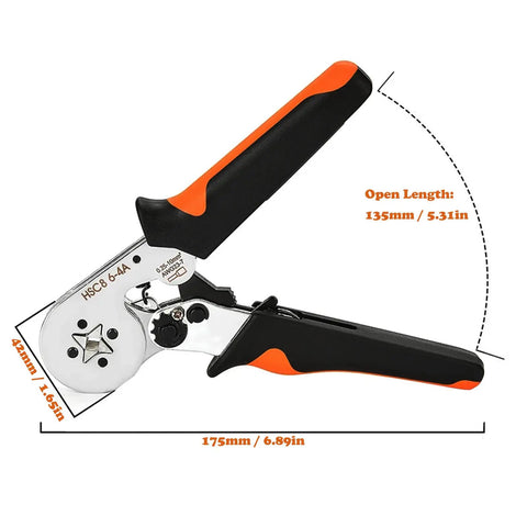 Dope Self-Adjustable Ratchet Wire Crimping Tool Kit For 23 AWG Down To 7 AWG Feats Heavy Duty Plier Plus 400 Pc Copper Terminal Connectors And Ferrules Perfect For Car Audio, Relays Lamp Wiring And Industrial Electrician Jobs. 175mm crimping plier, 42mm jaw, black-orange handles