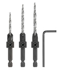 DEWALT countersink drill bit set, sizes #6, #8, #10; 3-piece with hex shanks and included Allen key