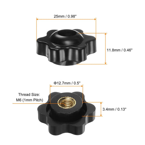 10 Pack M6 Star Knobs With 25mm Heads Through Hole Brass Insert Screw In Clamping Hand Knobs Black Plastic Durable Machine Accessory