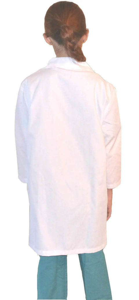 Back view of Kids Veterinarian Lab Coat With Embroidered Name And Puppy Embroidery White Size 12/14 Unisex with 3 pockets
