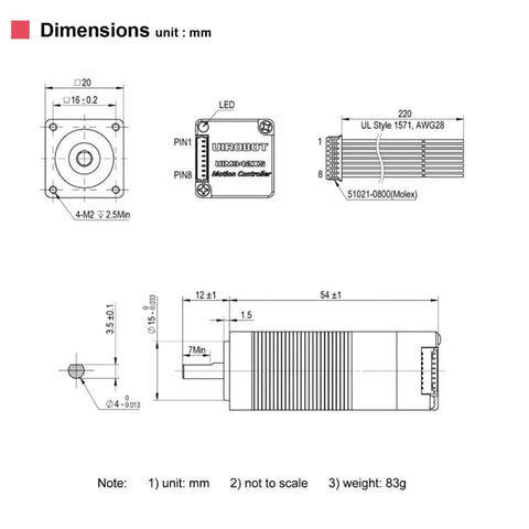 NEMA 8 integrated servo stepper motor with built-in encoder, front and side views