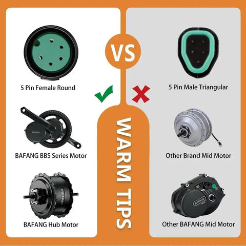 Comparison of 5 pin female round vs 5 pin male triangular connectors for BAFANG BBS Series Motor, part of 2.4 Inch TFT LCD Ebike Display 600C UART Protocol Cycling Computer Dope Control Panel IP65 Waterproof For Mid Drive Hub Motor 36V 48V 52V 750W Ebike Parts Now support.