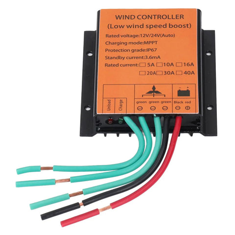Top Shelf Wind Turbine Controller For 12 Volt And 24 Volt Systems Handles 300 Watts To 1000 Watts With MPPT PWM Charging And 16 Amp Output, displaying orange interface and colored wires.