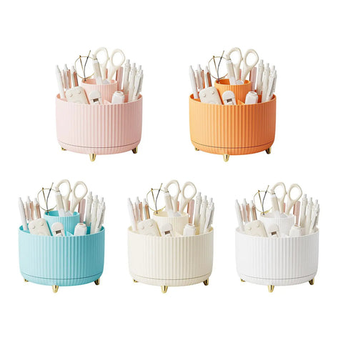 Rotating Desk Organizer With Six Compartments For Makeup Skincare Art Supplies And Office Gear Three Color Options Swivel Pen Holder And Multipurpose Storage For Markers Brushes Scraps And Essentials, shown in five colors
