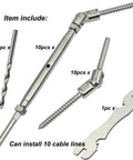 Stainless Steel Heavy Duty Cable Railing Kit For One Eighth Inch Cable Railing System For Wood Posts With Adjustable Angle Lag Screws And Turnbuckle Kit 10 Pairs displayed with screws and wrench