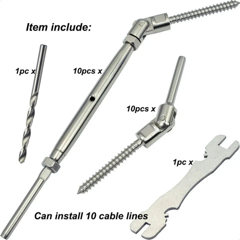 Stainless Steel Heavy Duty Cable Railing Kit For One Eighth Inch Cable Railing System For Wood Posts With Adjustable Angle Lag Screws And Turnbuckle Kit 10 Pairs displayed with screws and wrench