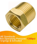 Brass hex bushing pipe fitting, 1/2 in NPT male to 3/8 in NPT female, 1200 psi, pack of 2