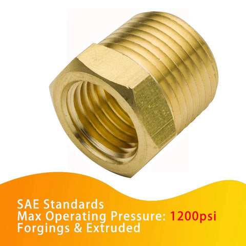 Brass hex bushing pipe fitting, 1/2 in NPT male to 3/8 in NPT female, 1200 psi, pack of 2