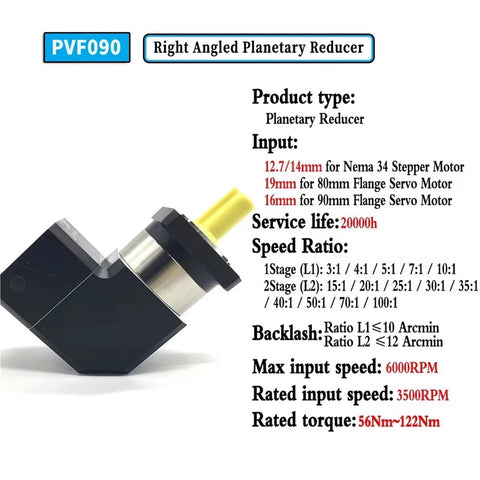 Beefy 90 Degree Planetary Reducer Gearbox For Nema 23 And Nema 34 Servo Motors, 3:1 To 100:1 Ratios, PVF Series, product display