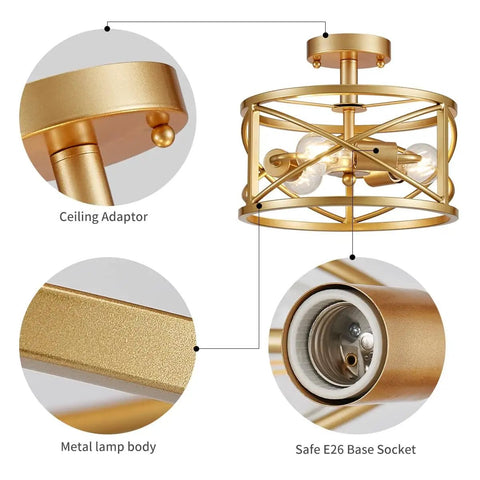 3 Light Vintage Farmhouse Industrial Dope Semi Flush Mount Ceiling Light In Gold Finish with E26 Base, detailed view