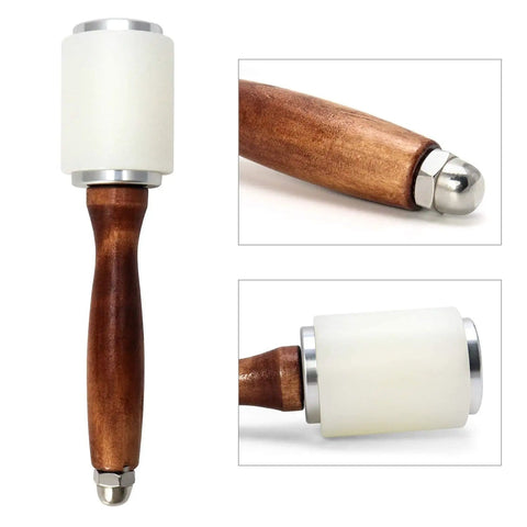 8 Inch Leather Carving Hammer For DIY Leathercraft Mallet with nylon head, wooden handle, shown from front, side, and close-up views.