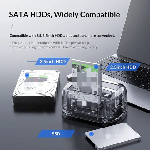 Heavy Duty Dual Bay External Hard Drive Enclosure Type C To Sata 3.1 with transparent housing showing 2.5 and 3.5 inch drives.