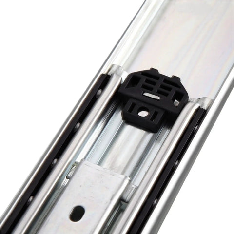 Close-up of Badass Hella Heavy Duty Drawer Slides Two Piece Pack Cold Rolled Steel Ball Bearing Glides, showing slide mechanism.