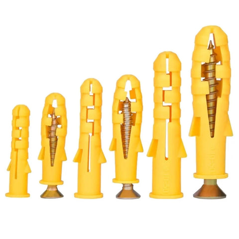 All Purpose Drywall Anchors And Screws Kit, 50 Sets Self-Tapping Wall Plugs And Screws, No-Prep Install, Self-Drilling, Yellow zinc anchors in six sizes