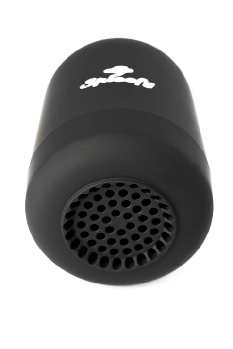 Black compact personal smoke air filter with replaceable cartridges for ultimate odor control traps smoke on exhale.
