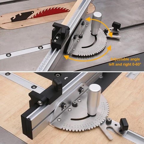 Precision Table Saw Miter Gauge With Adjustable Flip Stop And Angle Guide showing adjustable angle for accurate cuts.