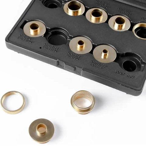 11 Piece Brass Router Template Bushing Guide Set For Woodworking And Cabinetry displayed in a black storage case with brass pieces.