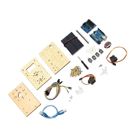 Solar Powered STEM Learning Kit For Kids DIY Wooden Smart Tracker Project For Hands On Programming IDE Compatible Classroom And Home Learning Beginner Friendly components laid out
