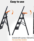 Aluminum Three Step Ladder With Tool Tray 600 Lbs Heavy Duty Lightweight Step Stool With Extended Handrails And Work Platform For Home Maintenance And DIY Projects Black And Orange folded and extended