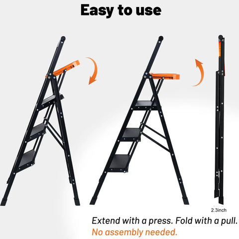 Aluminum Three Step Ladder With Tool Tray 600 Lbs Heavy Duty Lightweight Step Stool With Extended Handrails And Work Platform For Home Maintenance And DIY Projects Black And Orange folded and extended