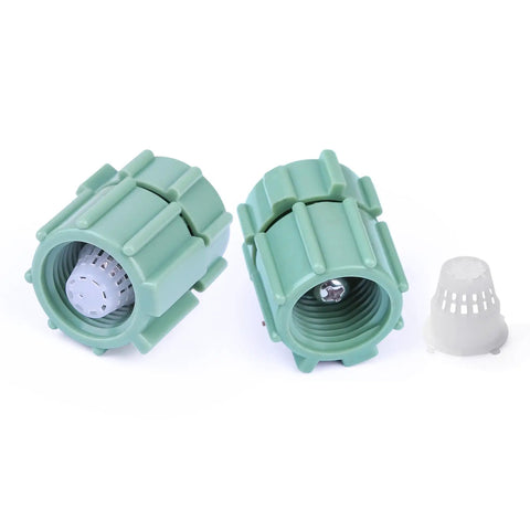 Two green adjustable water flow mushroom bubbler heads for 360 degree drip irrigation emitters fitting half inch tubing.