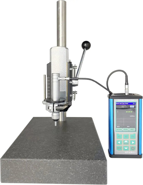 Solid Gold Portable Ultrasonic Hardness Tester With Robust Stand And Precision Probe on a stone platform for weld inspections.