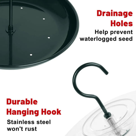 Outdoor Platform Bird Feeder With 12 Inch Weatherproof Dome And Squirrel Resistant Tray 2 Lb Seed Capacity 360 Degree Feeding Easy Hang Green Backyard Feeder For All Birds showing drainage holes and stainless steel hook.