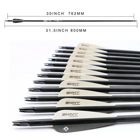 30 Inch Carbon Arrows For Compound Recurve Bow Hunting And Target Practice, 0.309 Inch Diameter, Fletched With Two Black And One White Vanes