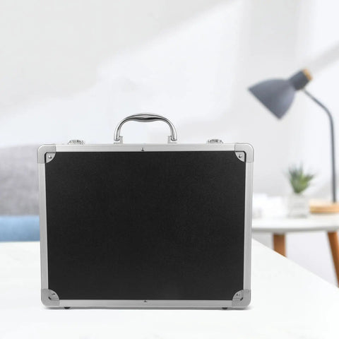 Slick Aluminum Alloy Toolbox Briefcase With Heavy Duty Hard Shell Design For Hand Tools Camera Gear And Tech Essentials Portable Equipment Rig For Pros On The Go - Back view on a table.