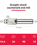 Diagram of M14 Straight Shank Counterbore End Mill 4 Flute HSS Cutting Tool showing 24mm cutter dia, 12mm shank, 90mm overall length.