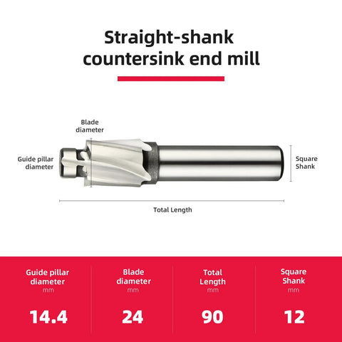 Diagram of M14 Straight Shank Counterbore End Mill 4 Flute HSS Cutting Tool showing 24mm cutter dia, 12mm shank, 90mm overall length.
