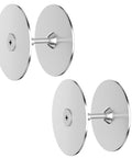 Super Easy DIY Friendly Door Hole Cover Plate Kit, showing four 2-5/8 inch round silver plates with screws for doors and drawers.