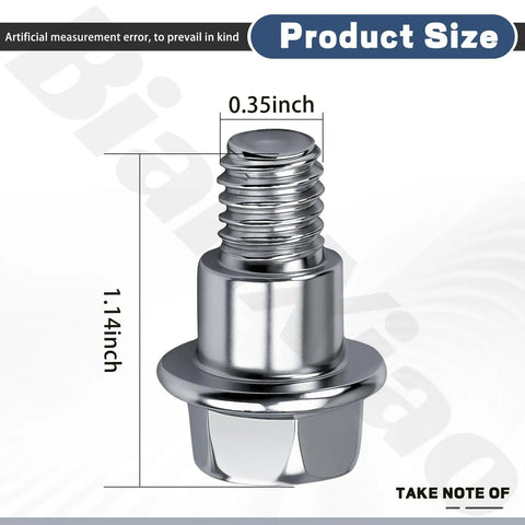 Side view of a heavy duty shoulder bolt with dimensions 1.14 by 0.35 inches. 4 Pack Heavy Duty Replacement Shoulder Bolts 532196539 Compatible With Lawn Mower Models 2042LS 2348LS 2354GXLS LGT2654 LTH18538 TC38 And Compatible With Husqvarna Craftsman AYP Jonsered Poulan RedMax