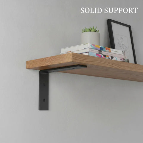 L-Shaped Cold Rolled Steel Wall Mount Bracket For Floating Desks And Shelves, black finish supporting wooden shelf, side view