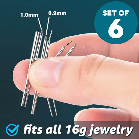 Hand holding set of 6 16G piercing taper pins with 0.9mm and 1.0mm ends, 316LVM surgical stainless steel, for flat back earrings and nose rings.