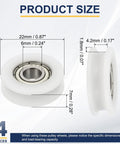 U Groove Ball Bearing Roller Wheels 6x22x7mm Nylon Guide Wheel For Sliding Doors And Windows, Heavy Duty Stainless Steel Track Wheel, White 4 Pack Set size chart