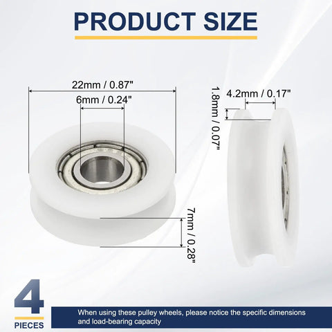 U Groove Ball Bearing Roller Wheels 6x22x7mm Nylon Guide Wheel For Sliding Doors And Windows, Heavy Duty Stainless Steel Track Wheel, White 4 Pack Set size chart