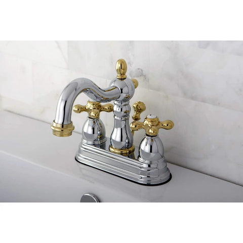 Heritage 4 Inch Centerset Lavatory Faucet With Metal Cross Handle In Chrome And Polished Brass Finish Built To Last Durable Solid Brass Construction Duraseal Cartridge Deck Mount One Half Inch IPS close-up